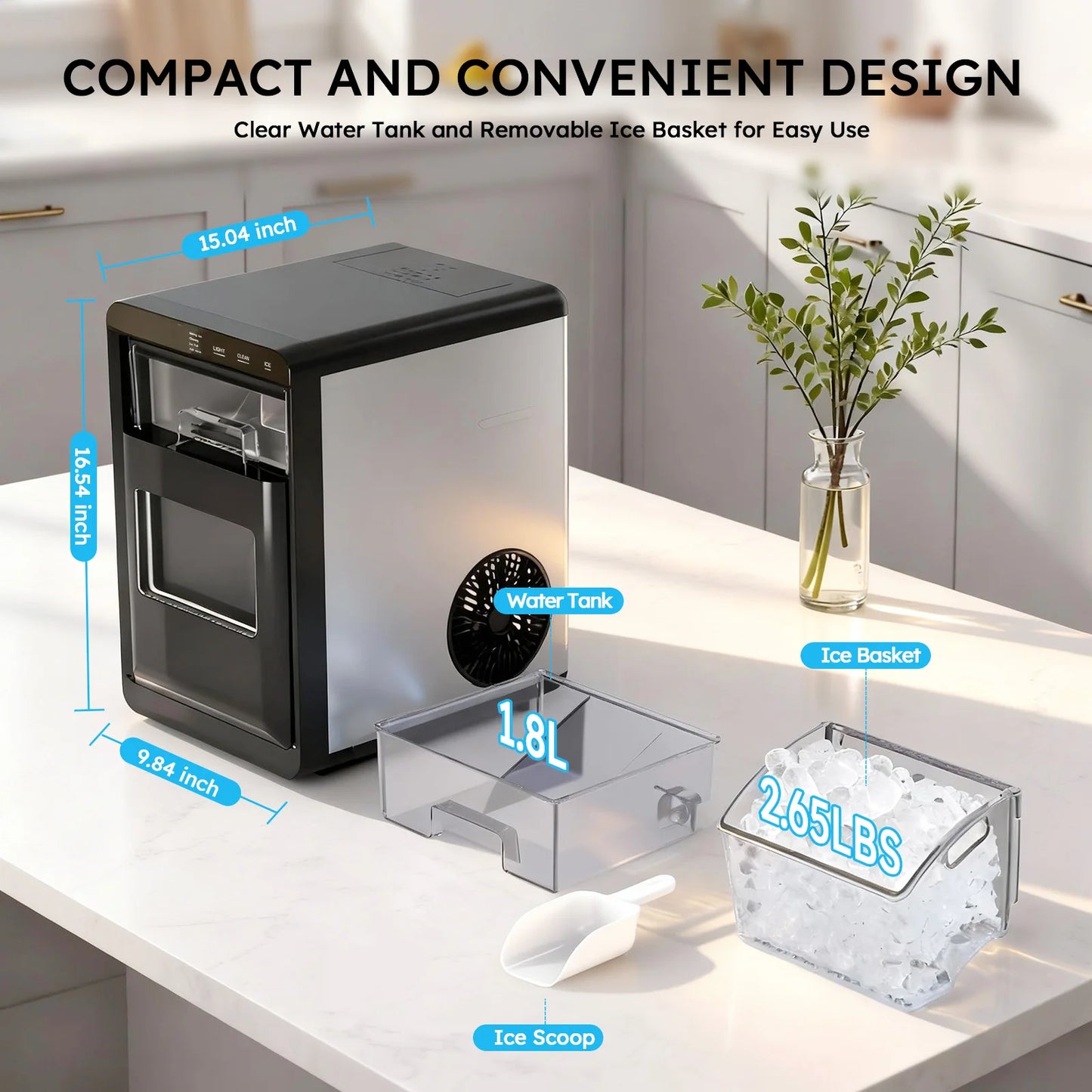 SHICUO Nugget Ice Maker Countertop 44 Lbs Per Day Self Cleaning