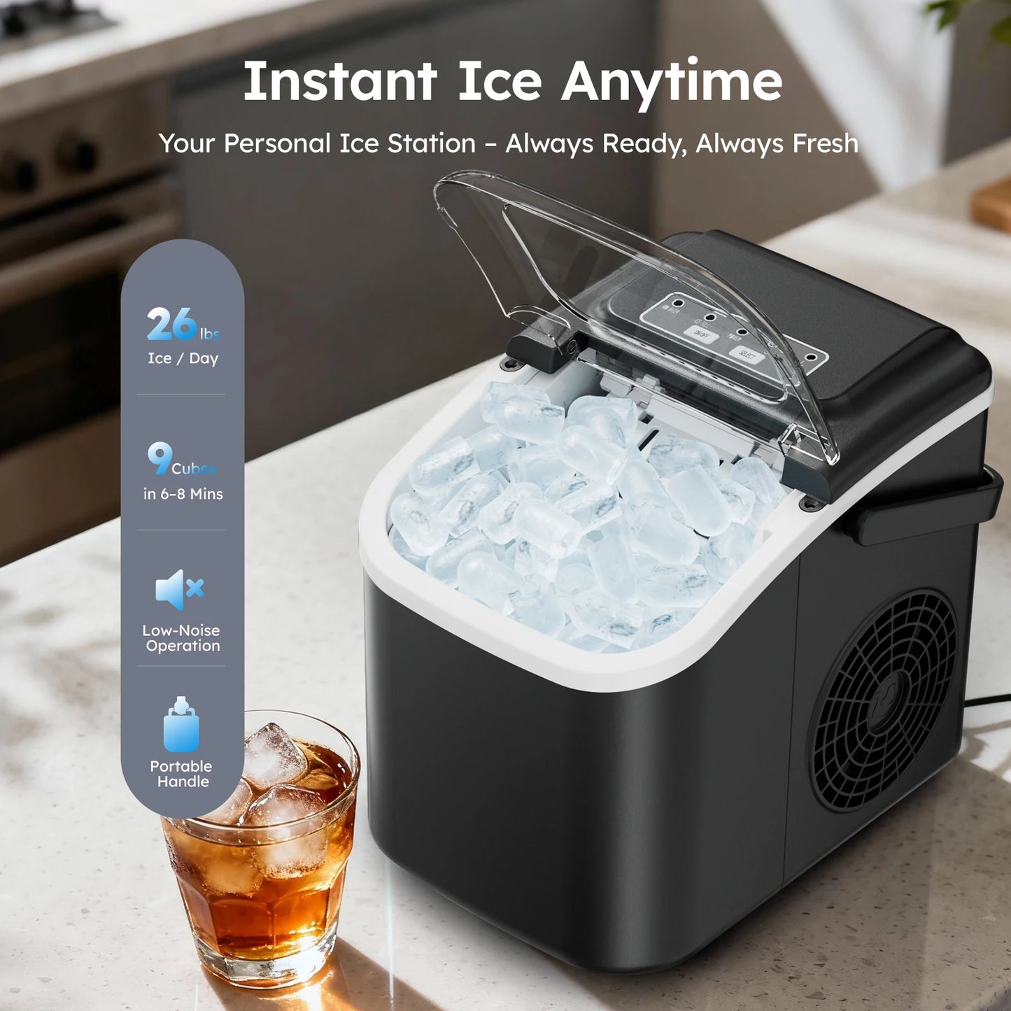 SHICUO Countertop Ice Maker With Handle 26 Pounds Per Day