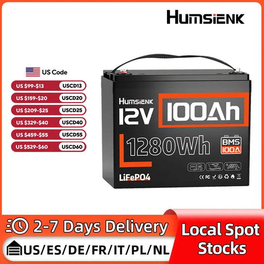 Humsienk LiFePO4 12V 100Ah Battery 1280Wh With 100A BMS
