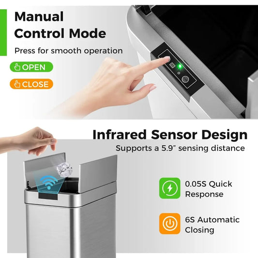 Motion Sensor Trash Can 13.2 Gal Slim Automatic Touchless Waste Bin Wing Lids