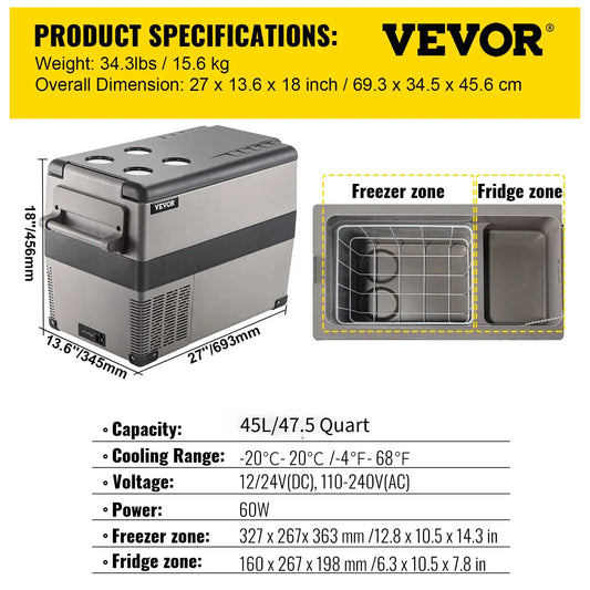 VEVOR Car Refrigerator Portable Freezer Compressor Cooler For Camping