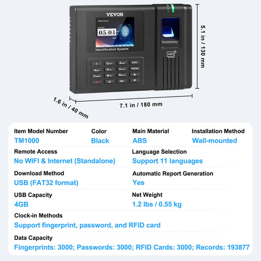 VEVOR Biometric Time Clock With Face Fingerprint RFID Card Password