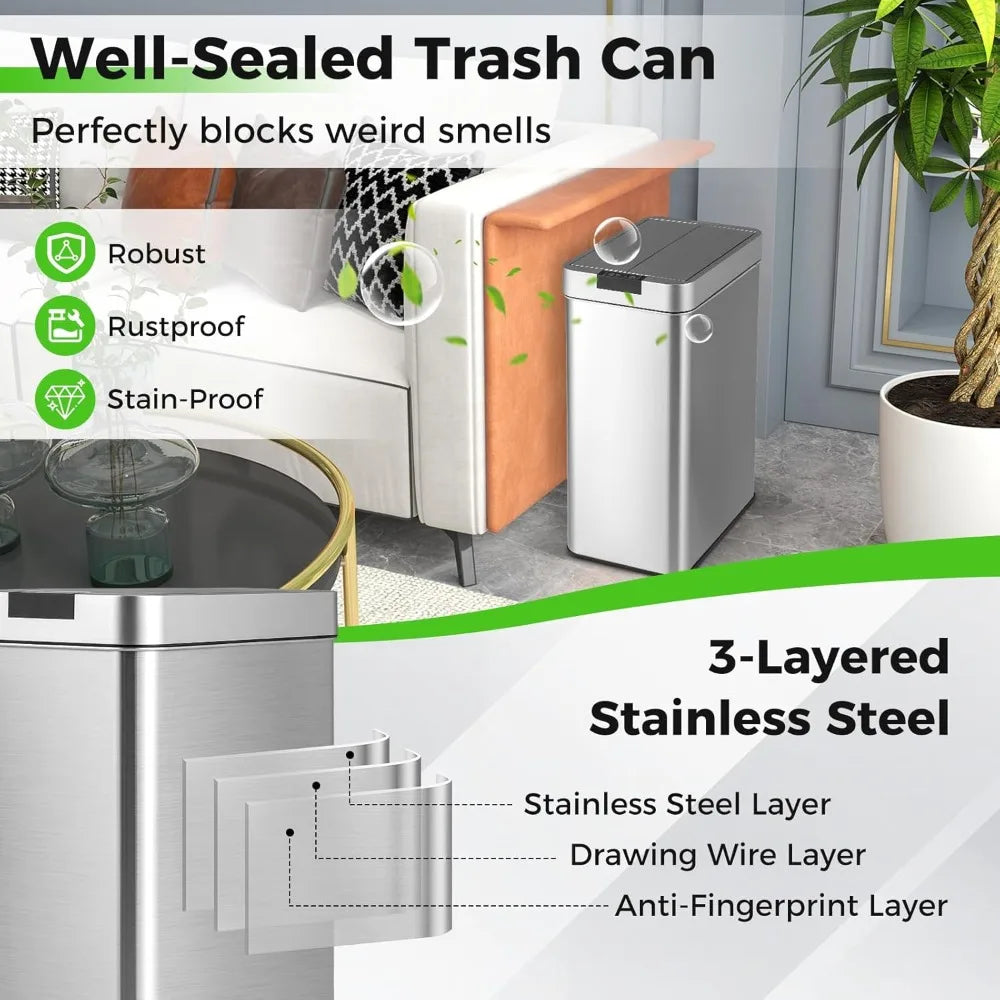 Motion Sensor Trash Can 13.2 Gal Slim Automatic Touchless Waste Bin Wing Lids