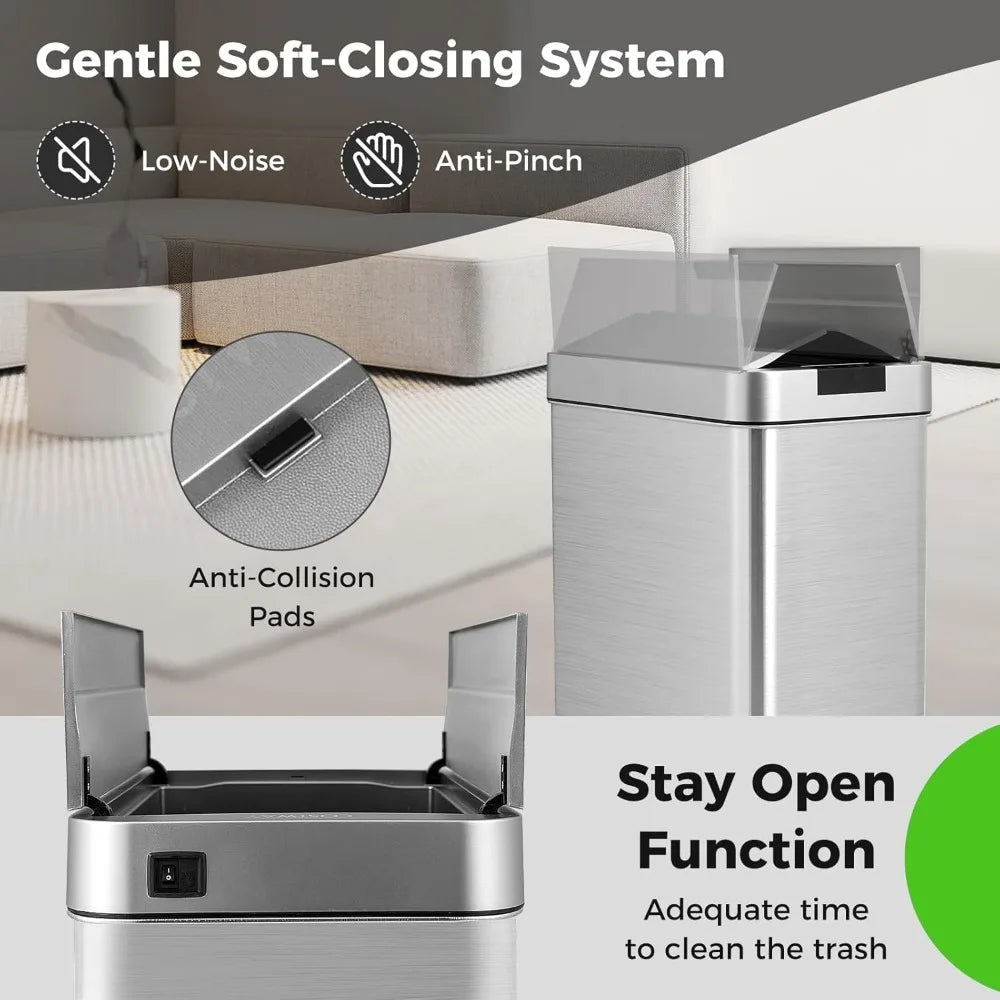 Motion Sensor Trash Can 13.2 Gal Slim Automatic Touchless Waste Bin Wing Lids