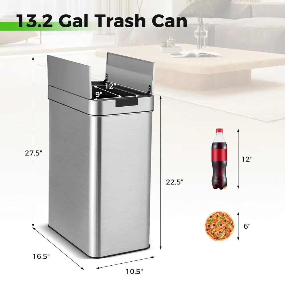 Motion Sensor Trash Can 13.2 Gal Slim Automatic Touchless Waste Bin Wing Lids