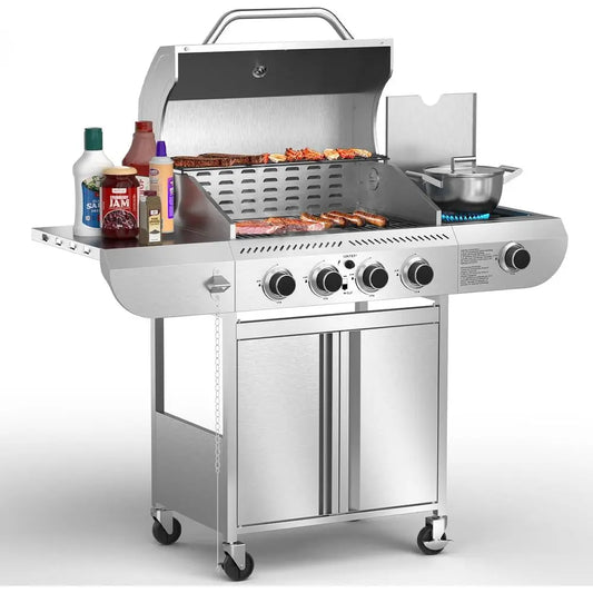 Heavy-Duty Stainless Gas Grill With Four Burners Side Burner