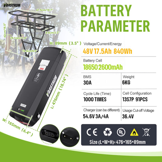 Varstrom E-Bike Rear Rack Battery 48V 18650 Pack For BAFANG